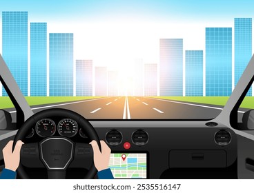 Homem dirigindo dentro de um carro. Vista do motorista de dentro de um carro. Interior do carro com volante e painel do carro. Ilustração de vetor.