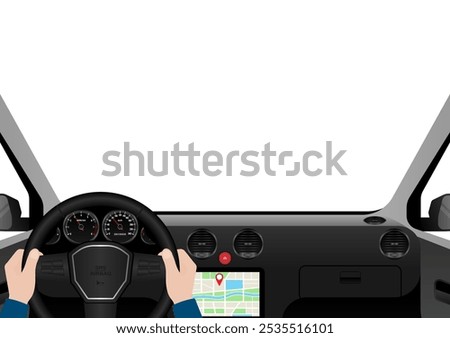 Man Driving Inside a Car. Driver's View from Inside a Car. Car Interior with Steering Wheel and Car Dashboard. Vector Illustration.