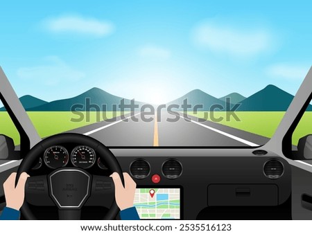 Man Driving Inside a Car. Driver's View from Inside a Car. Car Interior with Steering Wheel and Car Dashboard. Vector Illustration.