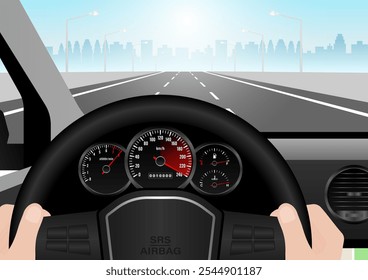 Hombre que conduce dentro de un coche con alta velocidad en el velocímetro. Tacómetro u odómetro. Ilustración vectorial.