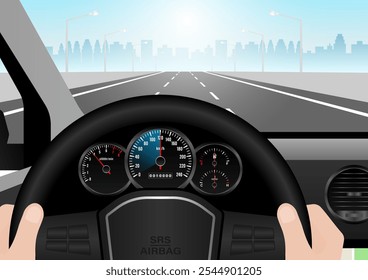 Homem dirigindo dentro de um carro com alta velocidade no velocímetro. Visor do tacômetro ou conta-quilômetros. Ilustração de vetor.