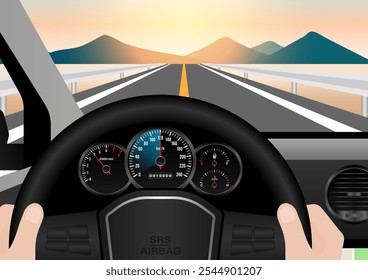 Man Driving Inside a Car with High Speed in Speedometer. Tachometer or Odometer Display. Vector Illustration.