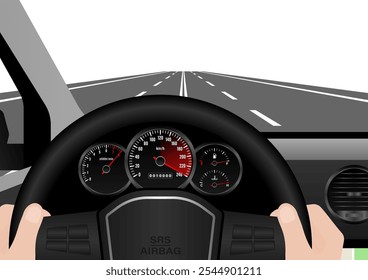 Man Driving Inside a Car with High Speed in Speedometer. Tachometer or Odometer Display. Vector Illustration.