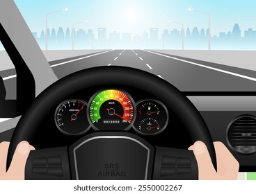 Man Driving Inside a Car with High Speed in Speedometer. Tachometer or Odometer Display. Vector Illustration.