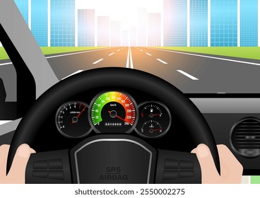 Hombre que conduce dentro de un coche con alta velocidad en el velocímetro. Tacómetro u odómetro. Ilustración vectorial.