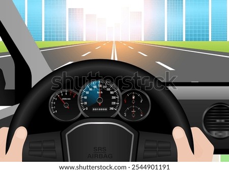 Man Driving Inside a Car with High Speed in Speedometer. Tachometer or Odometer Display. Vector Illustration.