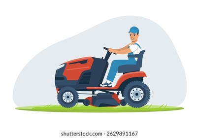 Homem dirigindo um trator de grama. Ilustração vetorial.