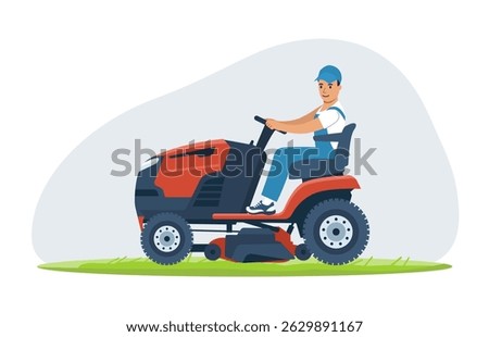 Man driving a lawn tractor. Vector illustration.