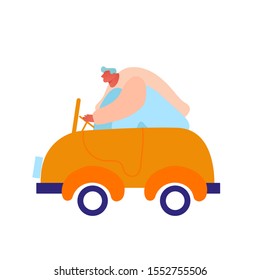 Man Driving Little Baby Toy Car Isolated on White background. Male Character Playing with Plaything for Children. Gaming in Kindergarten Playground. Childhood Activity Cartoon Flat Vector Illustration