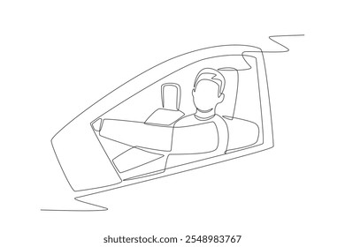 Man driving looks out the window. Driving concept one-line drawing