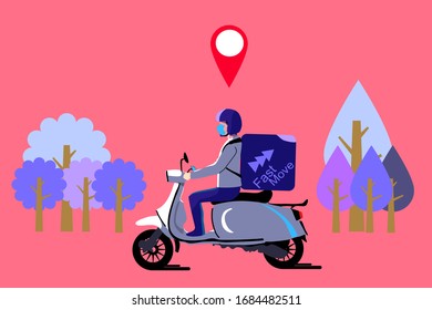 A man is driving motorcycle with big packaging. he doing delivery service job.