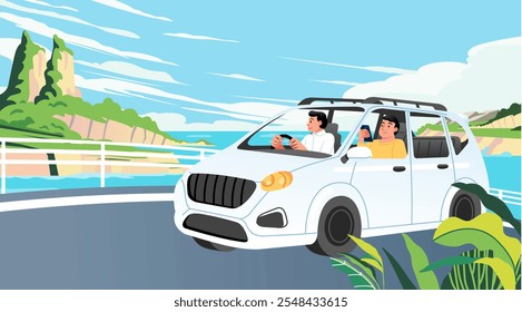 Man driving mpv car on road across sea coast nature landscape at blue sky