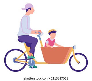 Man Driving On Bike With Kid Sitting On Basket. Saddlebag Bicycle