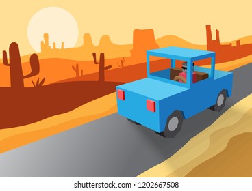 A man is driving on desert road. Vector illustrator.