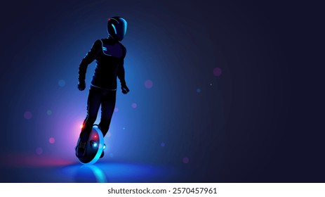 man driving on monowheel or electric unicycle in dark with headlights. Man in leather suit and helmet driving mono scooter in night city. Rider on modern monowheel in neon lights. Electric unicycle.