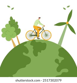 Homem dirigindo no planeta Terra com árvores e gerador de vento. Benefícios do transporte elétrico para prevenir a poluição ambiental. Ecologicamente correto. Estilo de vida sustentável. Ilustração vetorial.