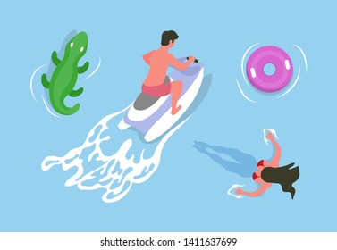 Man driving on water bike, swimming woman, rubber, inflatable circle and inflatable crocodile, female relaxing in sea or pool, summer activity vector