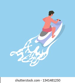 Man driving on waterbike, summer activity, back view of human in short riding on jetski, watersoprt flat design. Aqua transport for going by sea vector