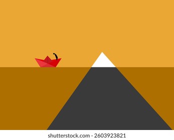 man driving a paper boat encounters an iceberg