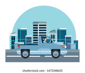 Man driving pick up vehicle sideview cartoon on the city, urban scenery background ,vector illustration graphic design.