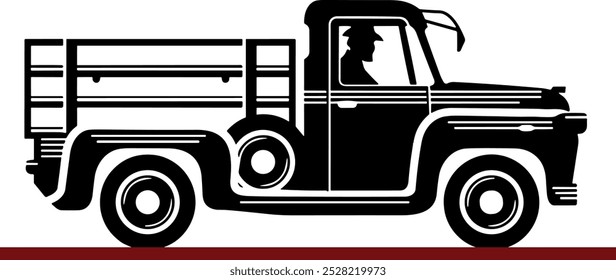 Man driving Pickup Truck silhouette, Truck on Road, Kids Farm Truck icon