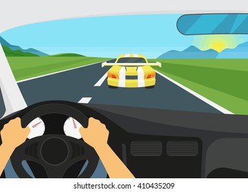 Man Is Driving Racing Speed Vehicle. Human Hands Driving A Car And Yellow Car Is Going Forward It. Flat Illustration Of Vehicle Interior On The Speed Racetrack