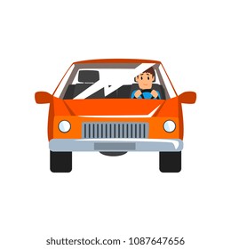 Man driving red car, front view vector Illustration isolated on a white background