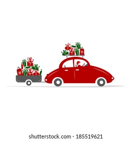 Man driving red car with gift boxes