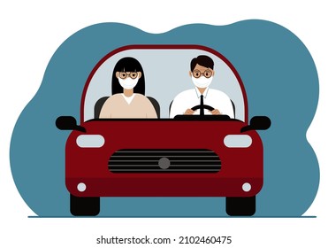 A man driving a red car next to a woman passenger. Both are wearing medical masks. Foreground. Vector flat illustration