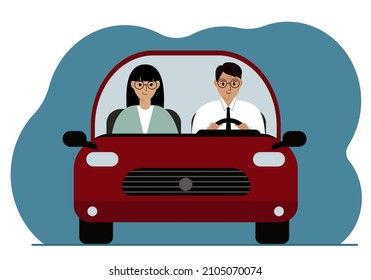 A man driving a red car next to a woman passenger. Foreground. Vector flat illustration