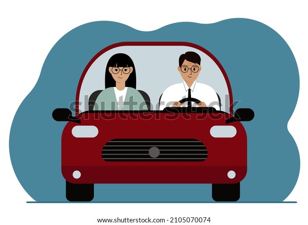 A man driving a red car next to a woman\
passenger. Foreground. Vector flat\
illustration