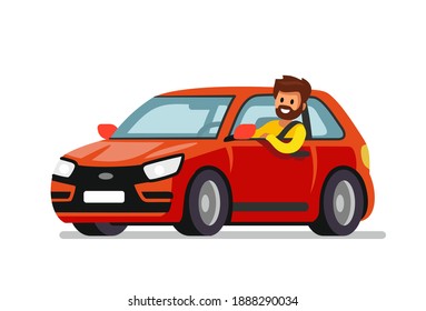 man driving red new car