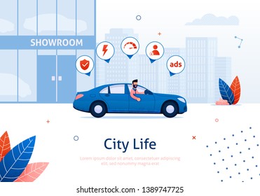 Man Driving Rented or New Car from Showroom Banner Vector Illustration. Cityscape with High Buildings on Background. Shop with Modern Vehicles. Character Looking out of Transport Icons.