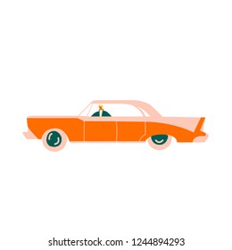 Man driving retro 50s red sport car illustration in vector