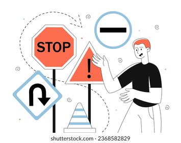 Der Mensch im Fahrschulunterricht. Junge Junge in der Nähe von Schildern und Verkehrskegel. Der Kunde lernt Auto und Transport fahren. Lernen und Lernen von Verkehrsregeln. Lineare flache Vektorgrafik