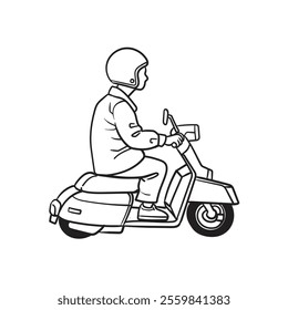 Man driving scooter motorcycle, Bikers drawing, vector illustration.