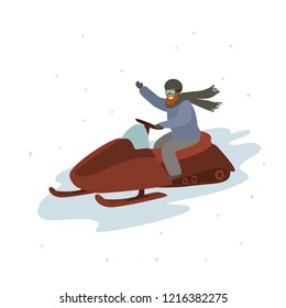 man driving snomobile, winter cartoon vector illustration graphic
