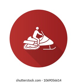 Man driving snowmobile flat design long shadow glyph icon. Motor sled driver. Vector silhouette illustration