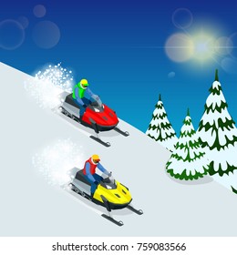 Man driving sports snowmobile. man and fast action snowmobile jumping. Isometric vector illustration