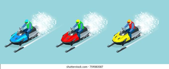 Man driving sports snowmobile set. Isometric vector illustration