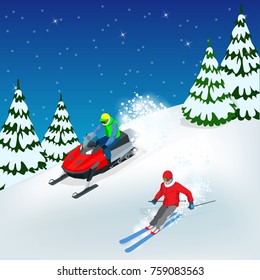 Man driving sports snowmobile and skier. Isometric vector illustration