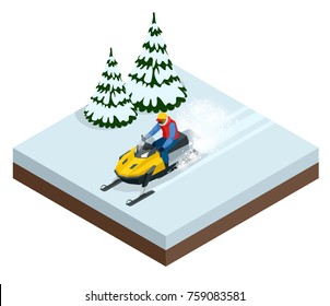 Man driving sports snowmobile in a sunny day. Isometric vector illustration