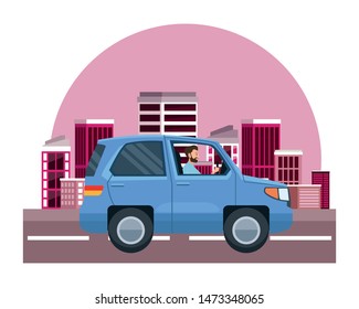 Man driving SUV vehicle sideview cartoon on the city, urban scenery background ,vector illustration graphic design.