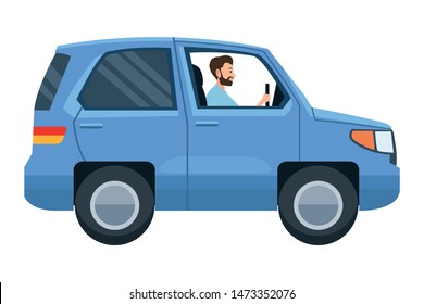 Man driving SUV vehicle sideview cartoon vector illustration graphic design.