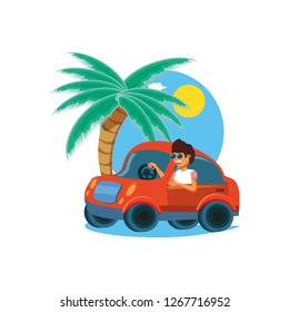 man driving tourism little car in seascape