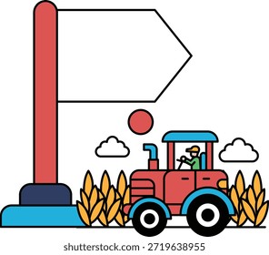 Un hombre está conduciendo un tractor en un campo. El tractor está en primer plano y el hombre en segundo plano. El cielo está nublado y el sol está brillando