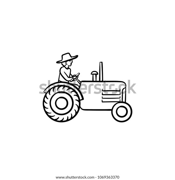 Man driving\
tractor hand drawn outline doodle icon. Farmer working on tractor\
vector sketch illustration for print, web, mobile and infographics\
isolated on white\
background.