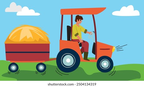 Man driving a tractor, hauling hay on a sunny day in a vibrant rural landscape.

