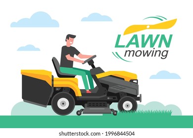 Man driving a tractor lawn mower in garden. mowing lawn. flat style