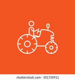 Man driving a tractor line icon for web, mobile and infographics. Vector white icon isolated on red background.